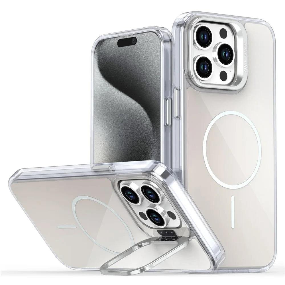 For iPhone 15 Pro Max Case Compatible with MagSafe TPU + Acrylic Gradient Phone Cover with Kickstand - White - 1