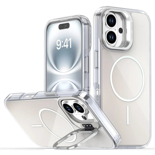 For iPhone 16 Case Compatible with MagSafe TPU + Acrylic Gradient Phone Cover with Kickstand - White - 1