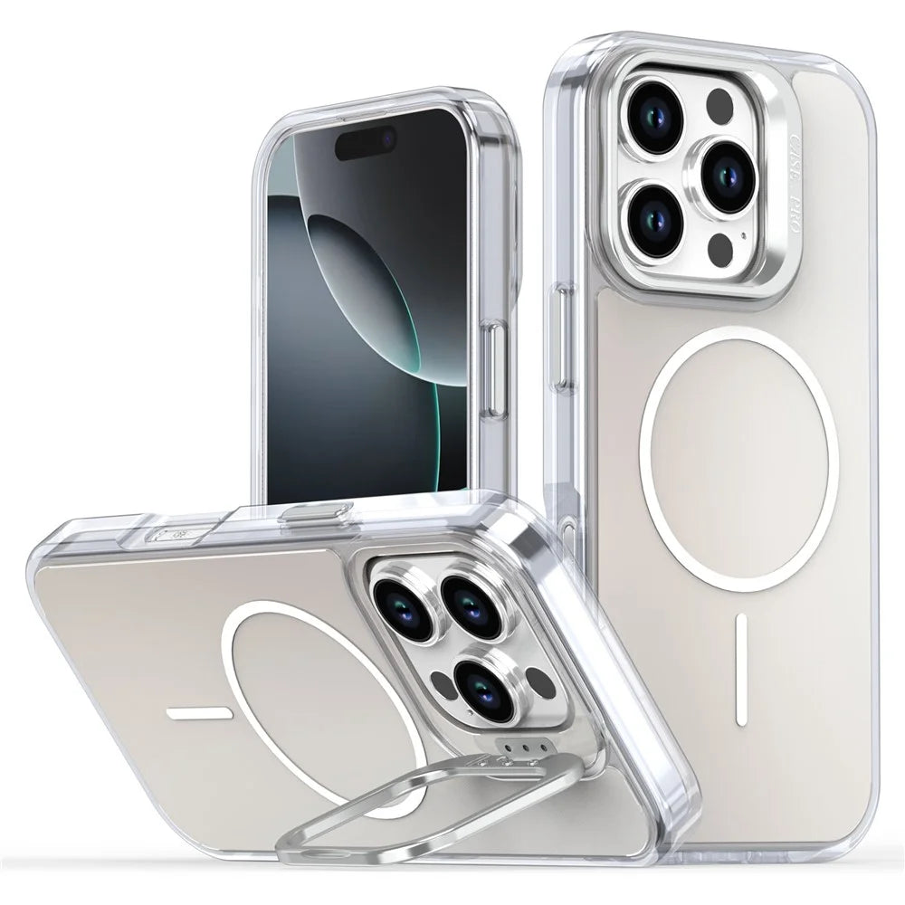 For iPhone 16 Pro Case Compatible with MagSafe TPU + Acrylic Gradient Phone Cover with Kickstand - White - 1