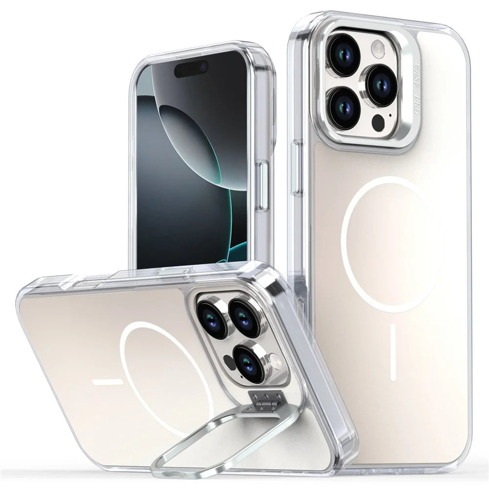 For iPhone 16 Pro Max Case Compatible with MagSafe TPU + Acrylic Phone Cover with Lens Frame Kickstand - White - 1