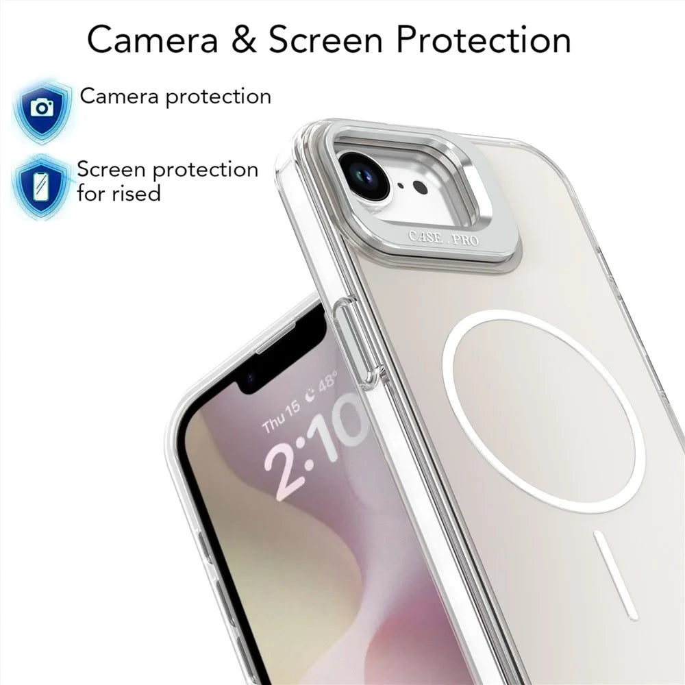 For iPhone 17e / 16e Case Compatible with MagSafe TPU + Acrylic Phone Cover with Lens Frame Kickstand - White - 5
