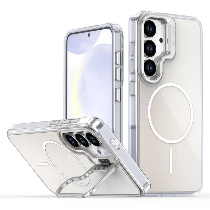 For Samsung Galaxy S25 Magnetic Case TPU + Acrylic Gradient Phone Cover with Kickstand - White - 1