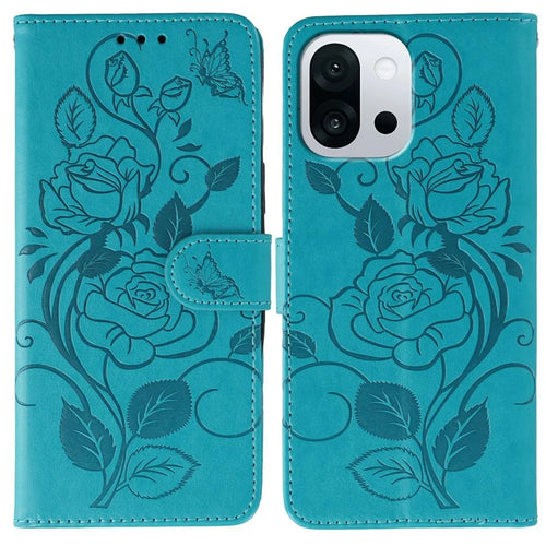For OnePlus 13T 5G Case Wallet Stand Imprinted Rose Butterfly PU Leather Phone Cover - Blue - 1