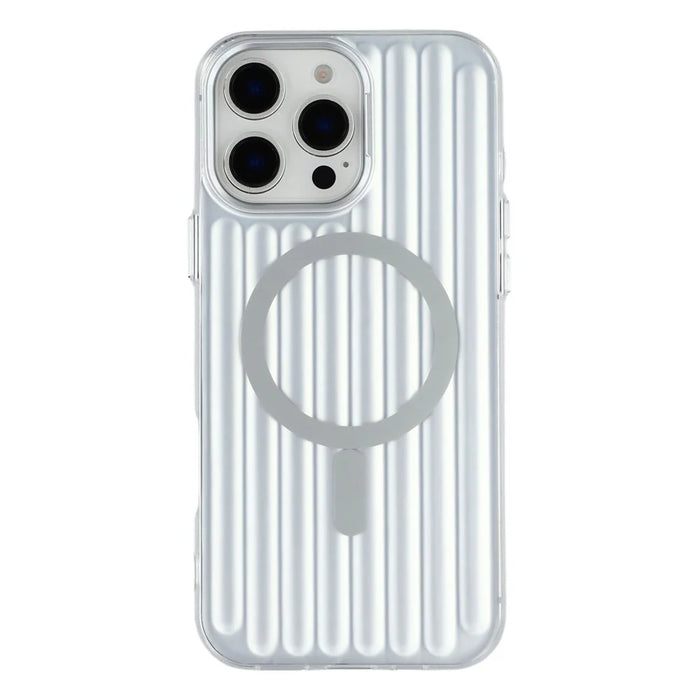 For iPhone 16 Pro Case Compatible with MagSafe Luggage Texture IMD TPU Phone Back Cover - Silver - 3