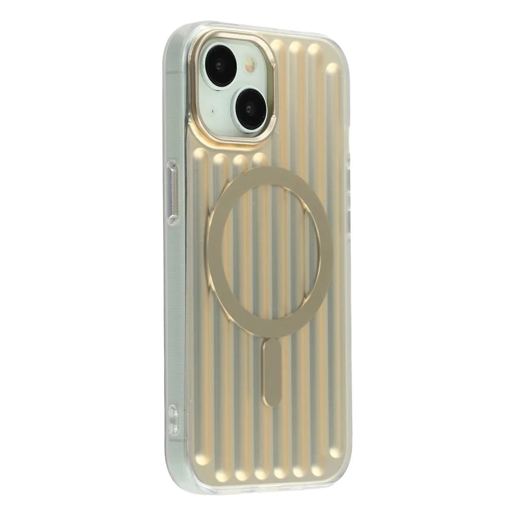 For iPhone 15 Case Compatible with MagSafe Luggage Texture IMD TPU Phone Back Cover - Gold - 1