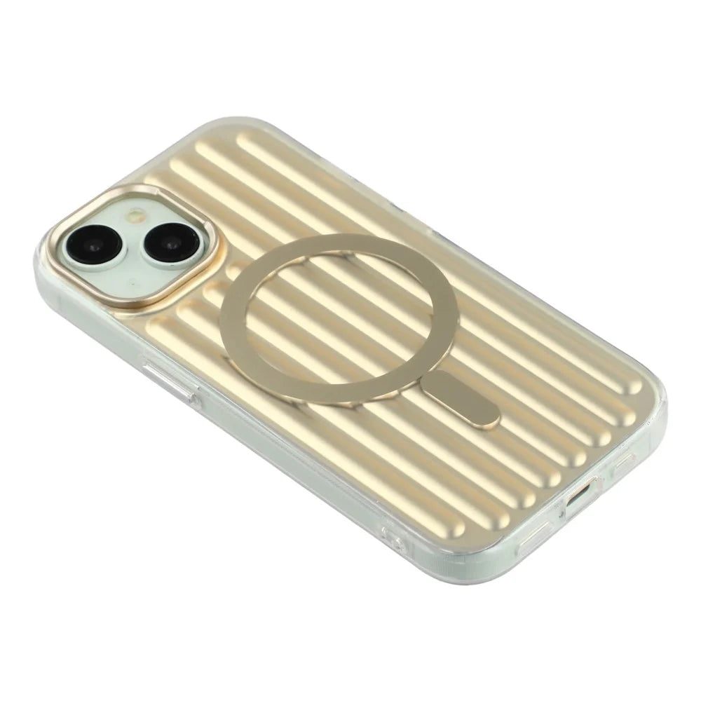 For iPhone 15 Case Compatible with MagSafe Luggage Texture IMD TPU Phone Back Cover - Gold - 4