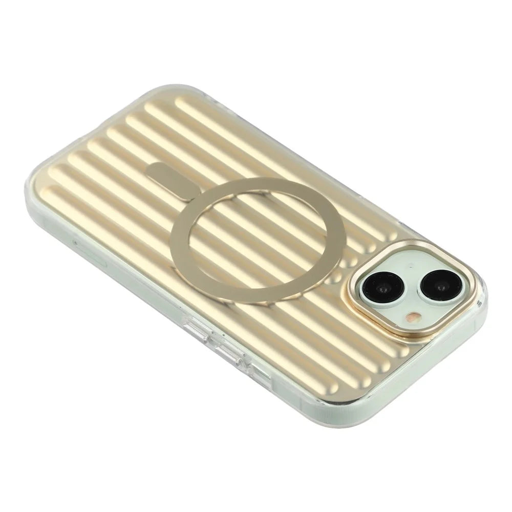 For iPhone 15 Case Compatible with MagSafe Luggage Texture IMD TPU Phone Back Cover - Gold - 5