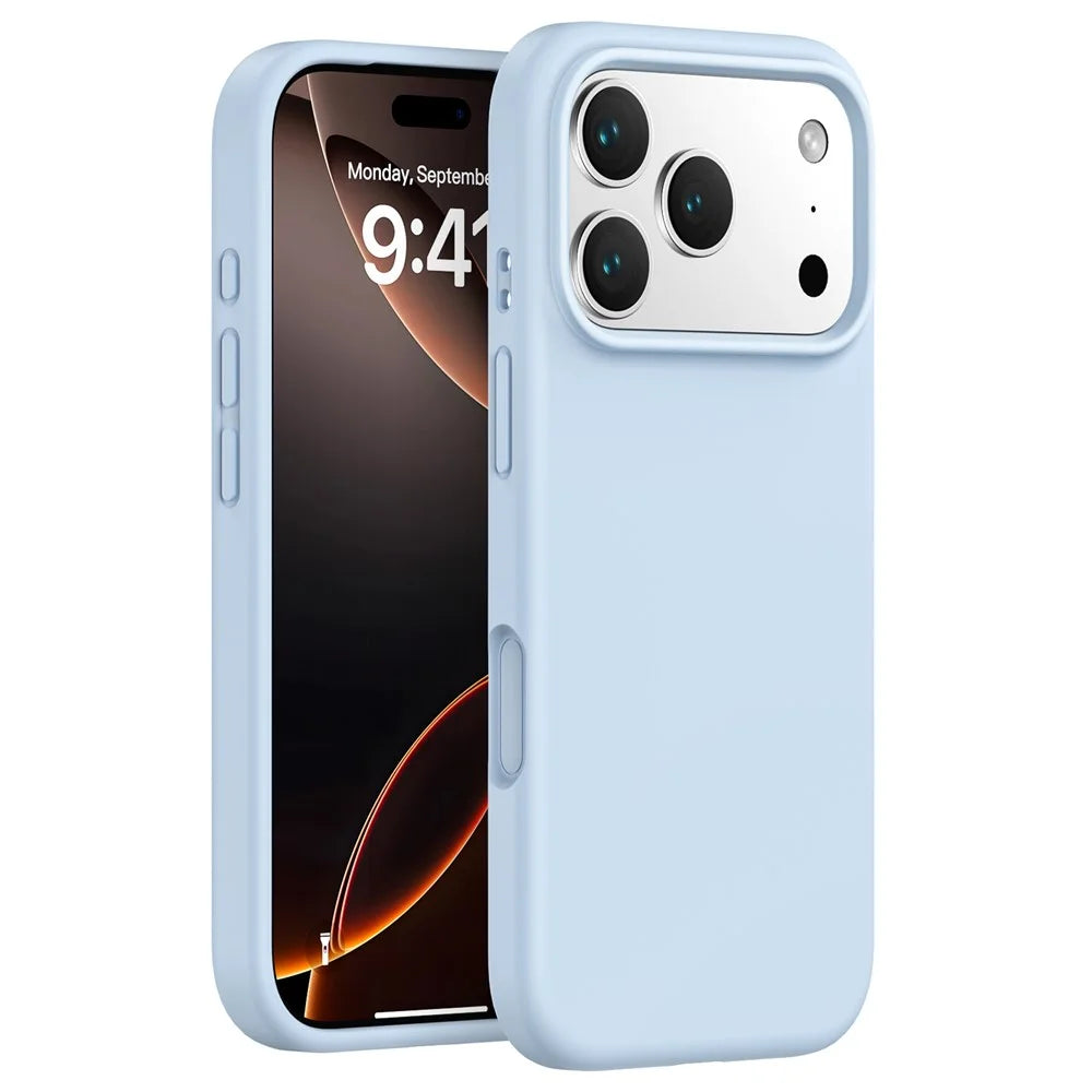 For iPhone 18 Pro Max / 17 Pro Max Case PC + Liquid Silicone Anti-Scratch Lining Phone Cover - Baby Blue - 1