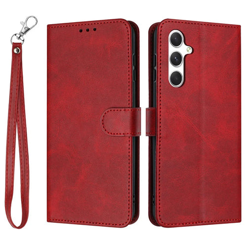 For Samsung Galaxy S25 FE Case Flip Stand Calf Texture PU Leather Wallet Phone Cover with Strap - Red - 1