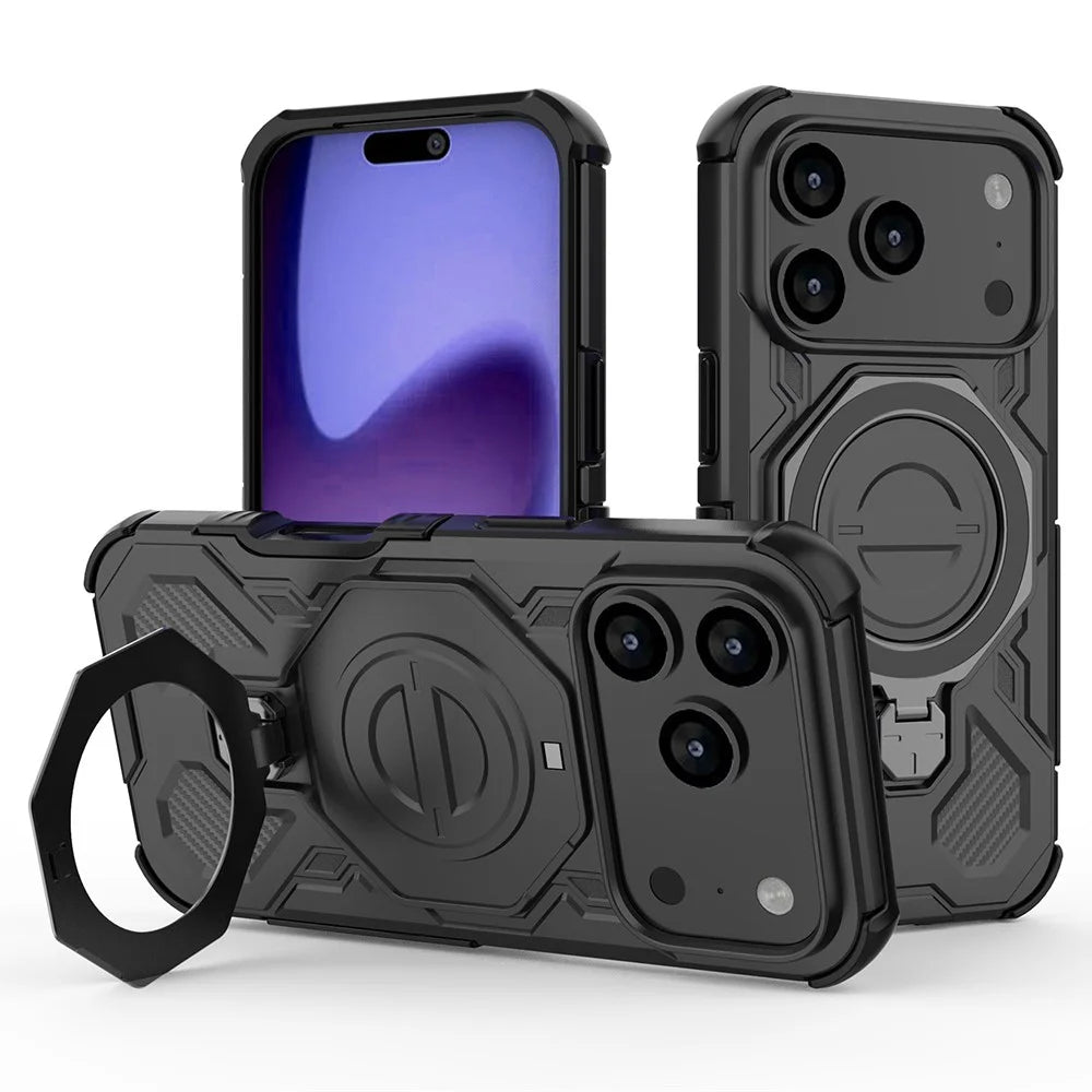 For iPhone 18 Pro / 17 Pro Magnetic Case Rotating Metal Kickstand Shockproof PC + TPU Phone Back Cover - Black - 1