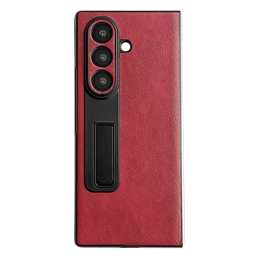 For Samsung Galaxy Z Fold7 5G Case Kickstand Leather Coated PC Folding Phone Cover - Red - 1
