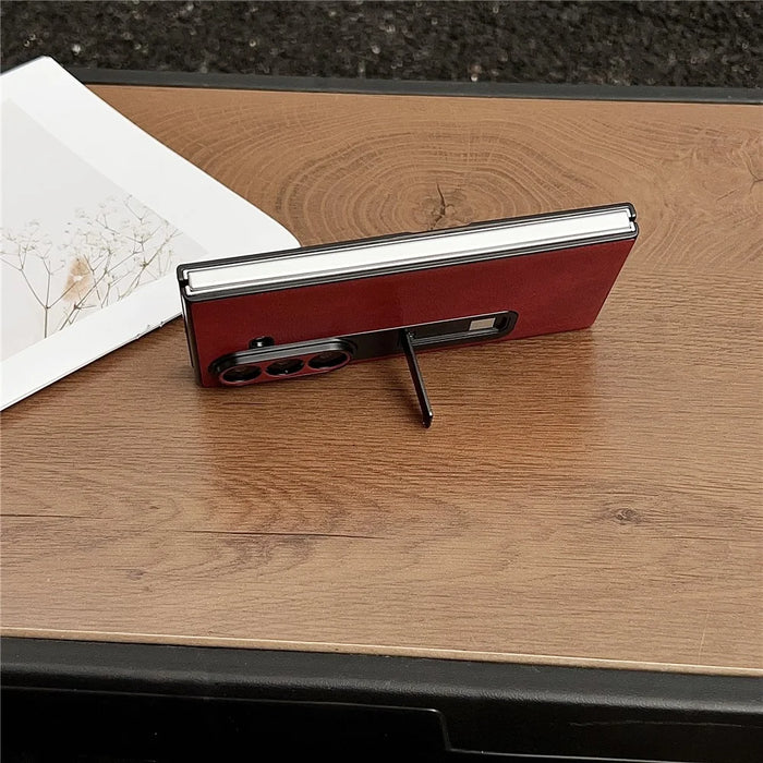 For Samsung Galaxy Z Fold7 5G Case Kickstand Leather Coated PC Folding Phone Cover - Red - 3