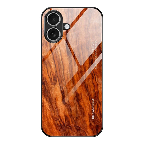 For iPhone 17 Case TPU + Tempered Glass Back Phone Cover Wood Texture - Orange - 1