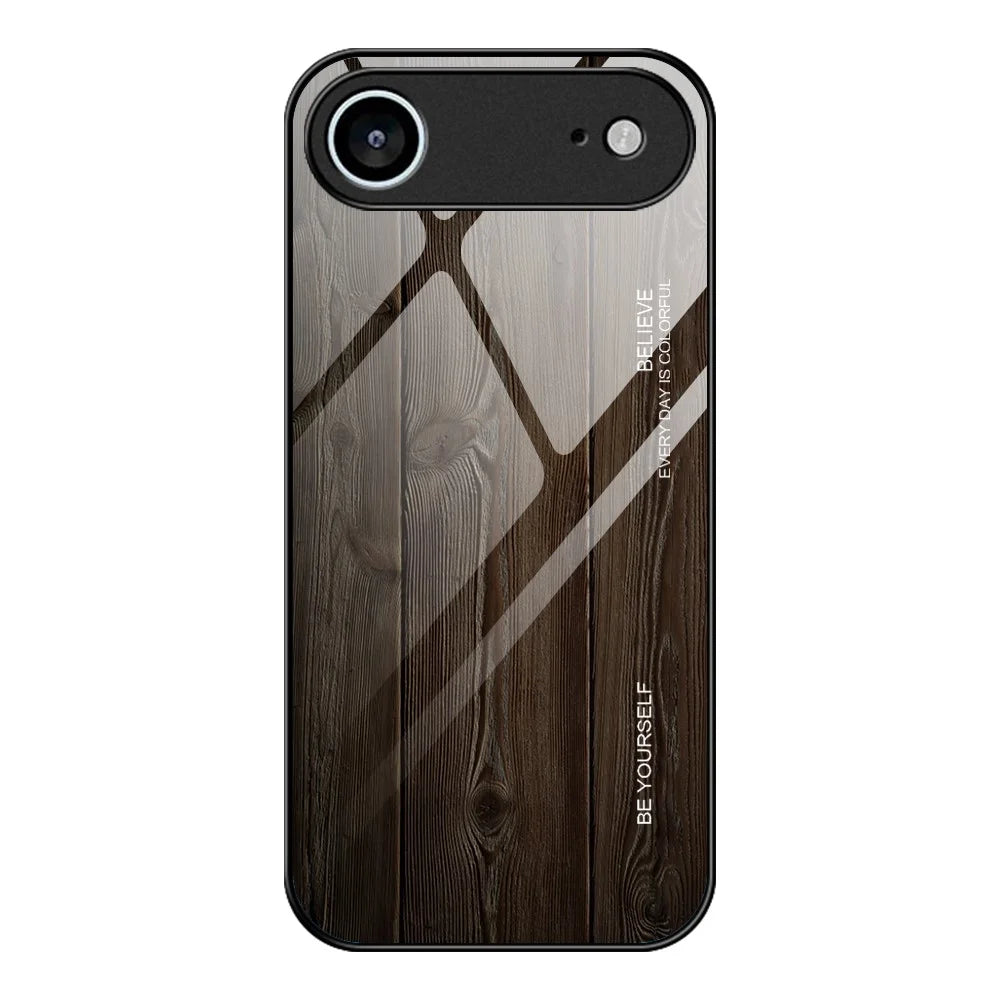 For iPhone Air Case TPU + Tempered Glass Back Phone Cover Wood Texture - Black - 1