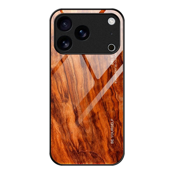 For iPhone 17 Pro Case TPU + Tempered Glass Back Phone Cover Wood Texture - Orange - 1