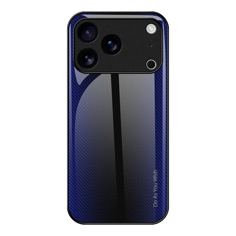 For iPhone 17 Pro Case Carbon Fiber Texture Tempered Glass + TPU Phone Cover - Dark Blue - 1