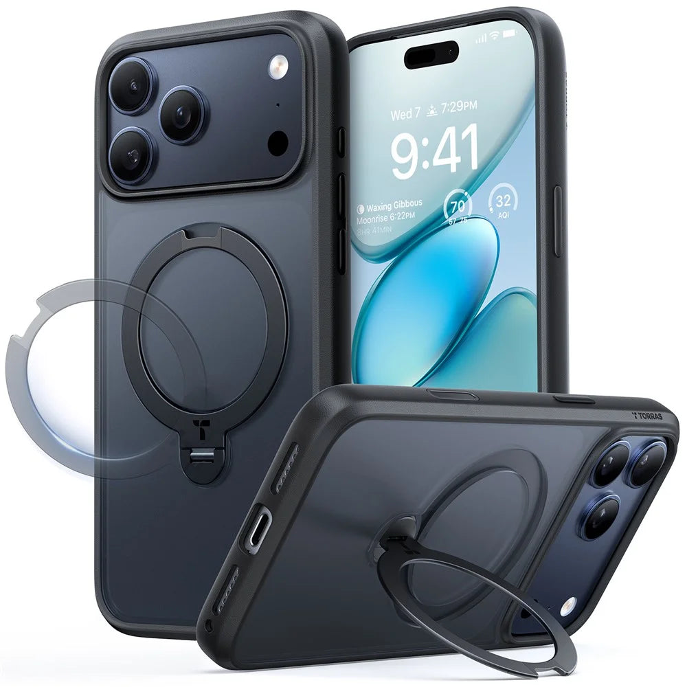 TORRAS Ostand Q3 Spin Series For iPhone 17 Pro Case Compatible with MagSafe Rotating Kickstand PC + TPU Phone Cover - Black - 1