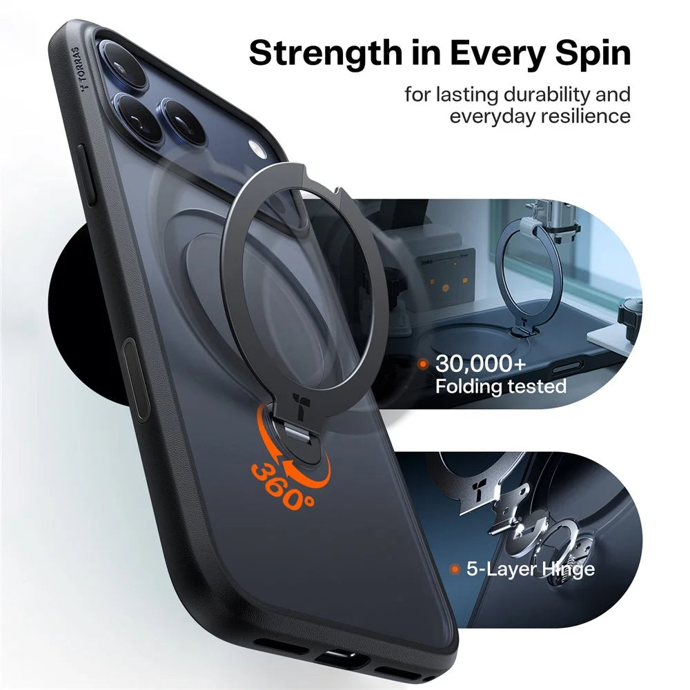 TORRAS Ostand Q3 Spin Series For iPhone 17 Pro Case Compatible with MagSafe Rotating Kickstand PC + TPU Phone Cover - Black - 3