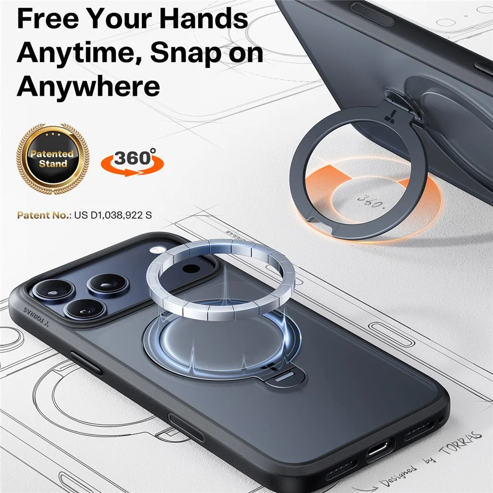 TORRAS Ostand Q3 Spin Series For iPhone 17 Pro Case Compatible with MagSafe Rotating Kickstand PC + TPU Phone Cover - Black - 6