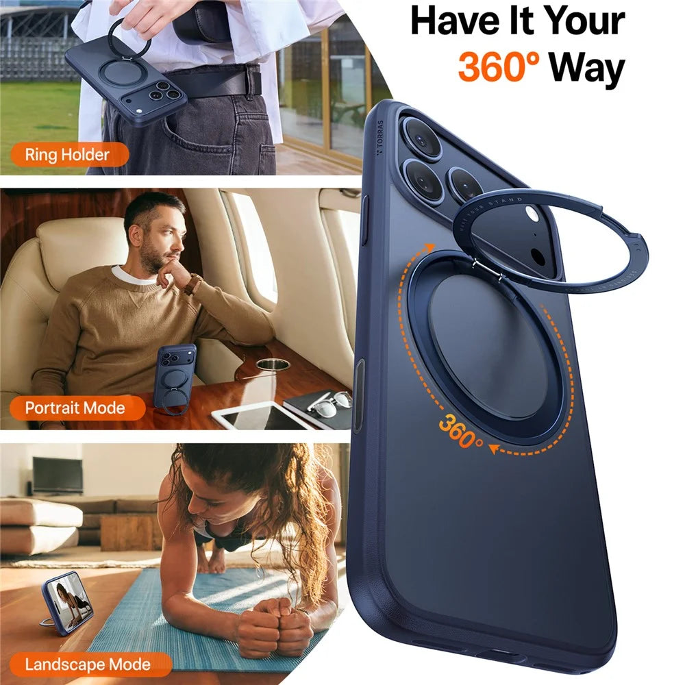 TORRAS Ostand O1 Guardian Series For iPhone 17 Pro Magnetic Case Rotating Kickstand TPU + PC Phone Cover - Dark Blue - 2