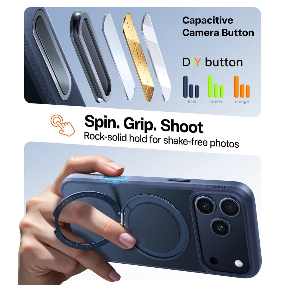 TORRAS Ostand O1 Guardian Series For iPhone 17 Pro Magnetic Case Rotating Kickstand TPU + PC Phone Cover - Dark Blue - 6