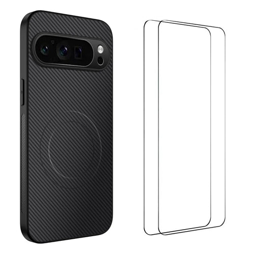 WANLONFENG For Google Pixel 9 Pro Magnetic Case  TQ1 Series Carbon Fiber Texture PC TPU Phone Cover with 2Pcs Screen Films - Black - 1