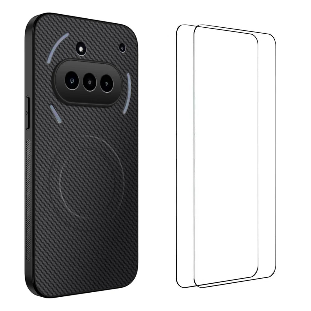 WANLONFENG For Nothing Phone (3a) Magnetic Case  TQ1 Series Carbon Fiber Texture PC TPU Phone Cover with 2Pcs Screen Films - Black - 1