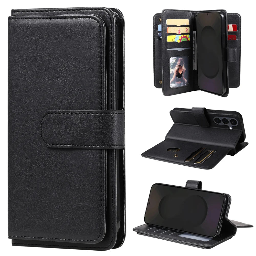 For Samsung Galaxy S25 FE Leather Case with 10 Card Holder Phone Cover Stand - Black - 1