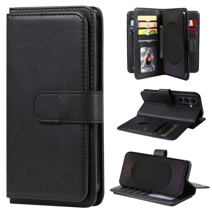 For Samsung Galaxy S25 FE Leather Case with 10 Card Holder Phone Cover Stand - Black - 1