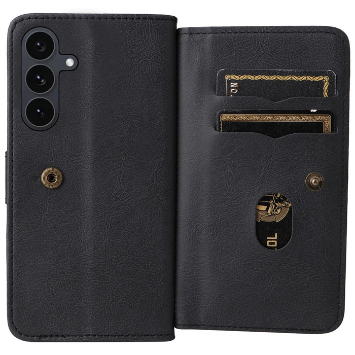 For Samsung Galaxy S25 FE Leather Case with 10 Card Holder Phone Cover Stand - Black - 2