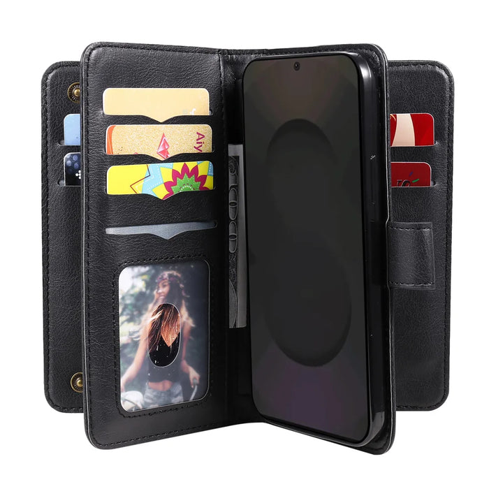 For Samsung Galaxy S25 FE Leather Case with 10 Card Holder Phone Cover Stand - Black - 3