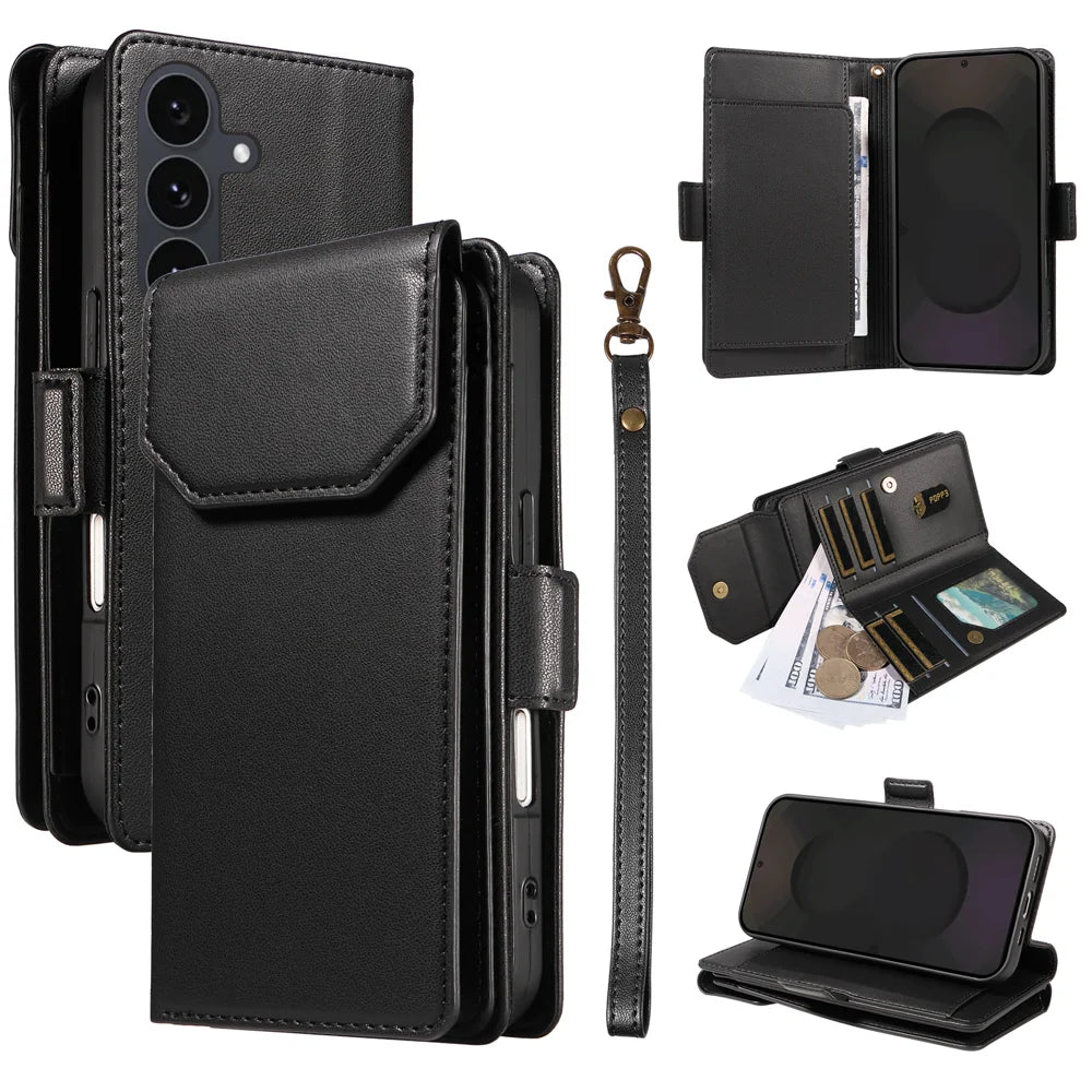 For Samsung Galaxy S25 FE Case with Multi-Card Holder and Strap PU Leather Phone Cover Stand - Black - 1