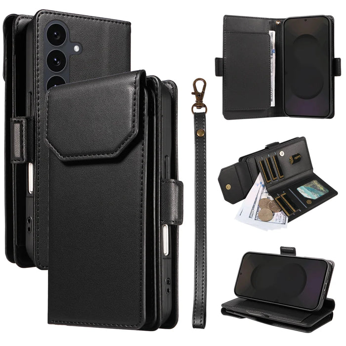 For Samsung Galaxy S25 FE Case with Multi-Card Holder and Strap PU Leather Phone Cover Stand - Black - 1