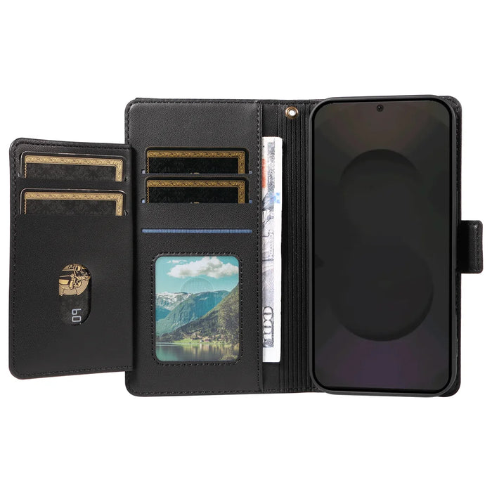 For Samsung Galaxy S25 FE Case with Multi-Card Holder and Strap PU Leather Phone Cover Stand - Black - 2