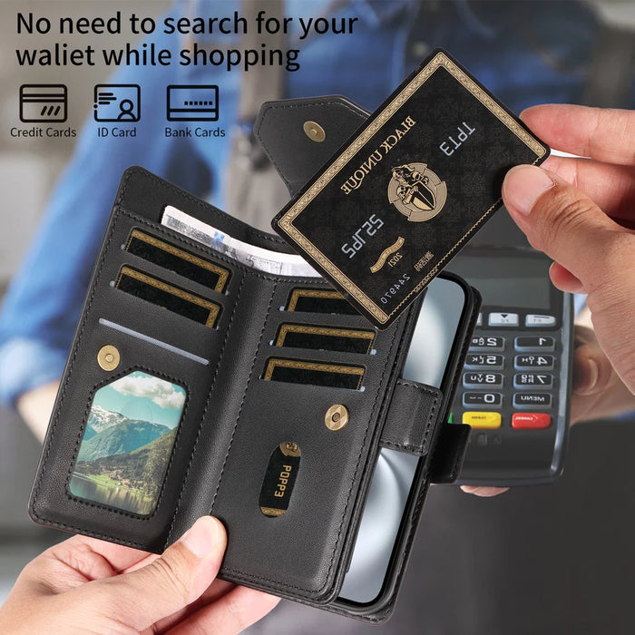 For Samsung Galaxy S25 FE Case with Multi-Card Holder and Strap PU Leather Phone Cover Stand - Black - 3