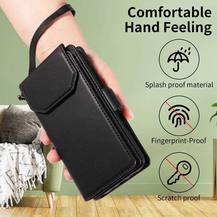 For Samsung Galaxy S25 FE Case with Multi-Card Holder and Strap PU Leather Phone Cover Stand - Black - 4