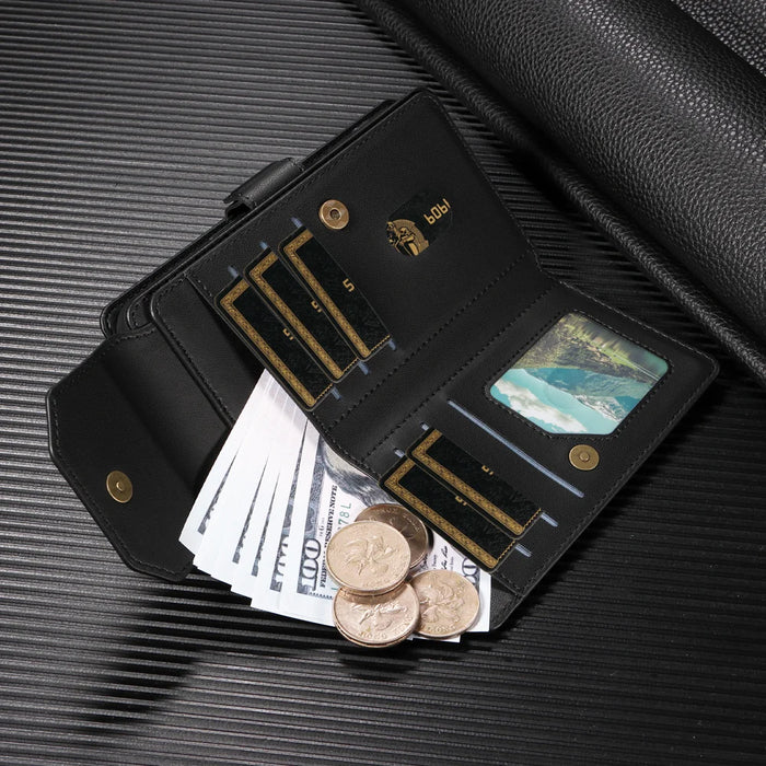 For Samsung Galaxy S25 FE Case with Multi-Card Holder and Strap PU Leather Phone Cover Stand - Black - 5