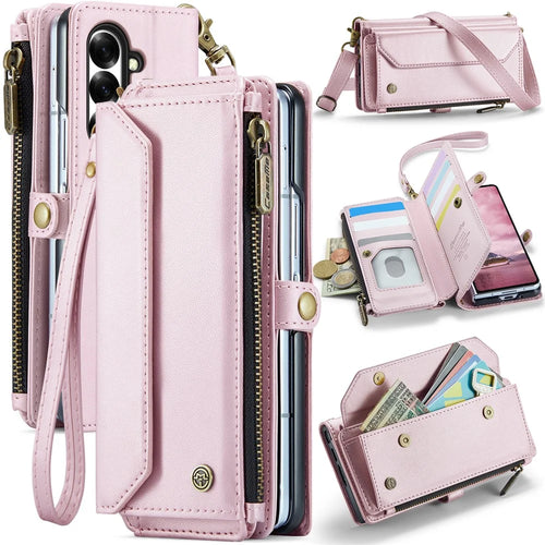 CASEME For Samsung Galaxy Z Fold7 5G Leather Case  C36 Zipper 10 Card Slots Phone Cover with Straps - Pink - 1
