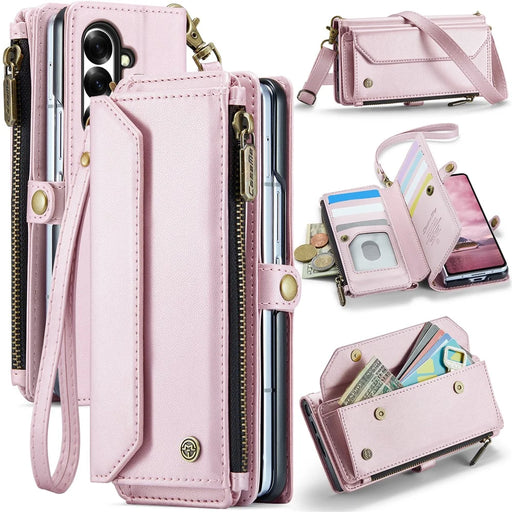 CASEME For Samsung Galaxy Z Fold7 5G Leather Case  C36 Zipper 10 Card Slots Phone Cover with Straps - Pink - 1