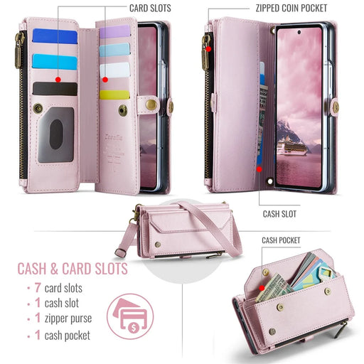 CASEME For Samsung Galaxy Z Fold7 5G Leather Case  C36 Zipper 10 Card Slots Phone Cover with Straps - Pink - 2