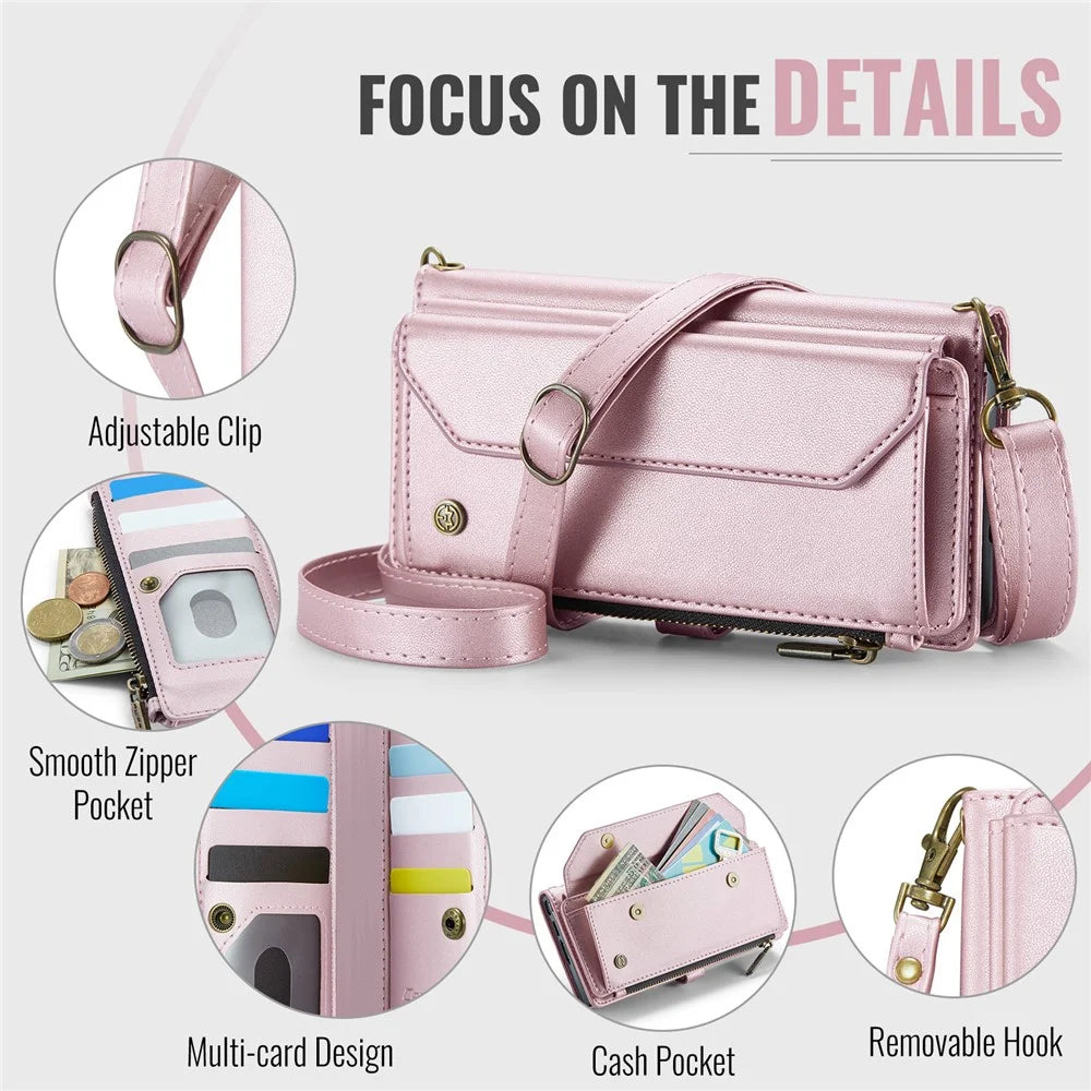 CASEME For Samsung Galaxy Z Fold7 5G Leather Case  C36 Zipper 10 Card Slots Phone Cover with Straps - Pink - 3