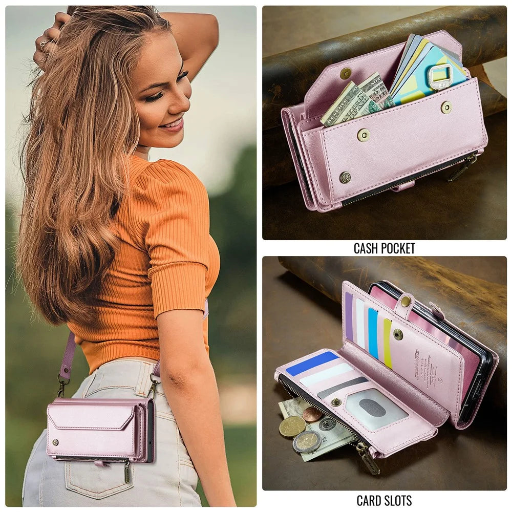 CASEME For Samsung Galaxy Z Fold7 5G Leather Case  C36 Zipper 10 Card Slots Phone Cover with Straps - Pink - 4