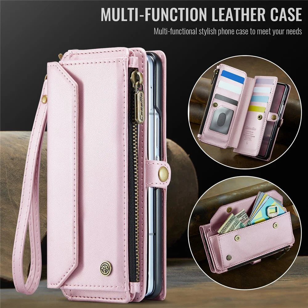 CASEME For Samsung Galaxy Z Fold7 5G Leather Case  C36 Zipper 10 Card Slots Phone Cover with Straps - Pink - 5