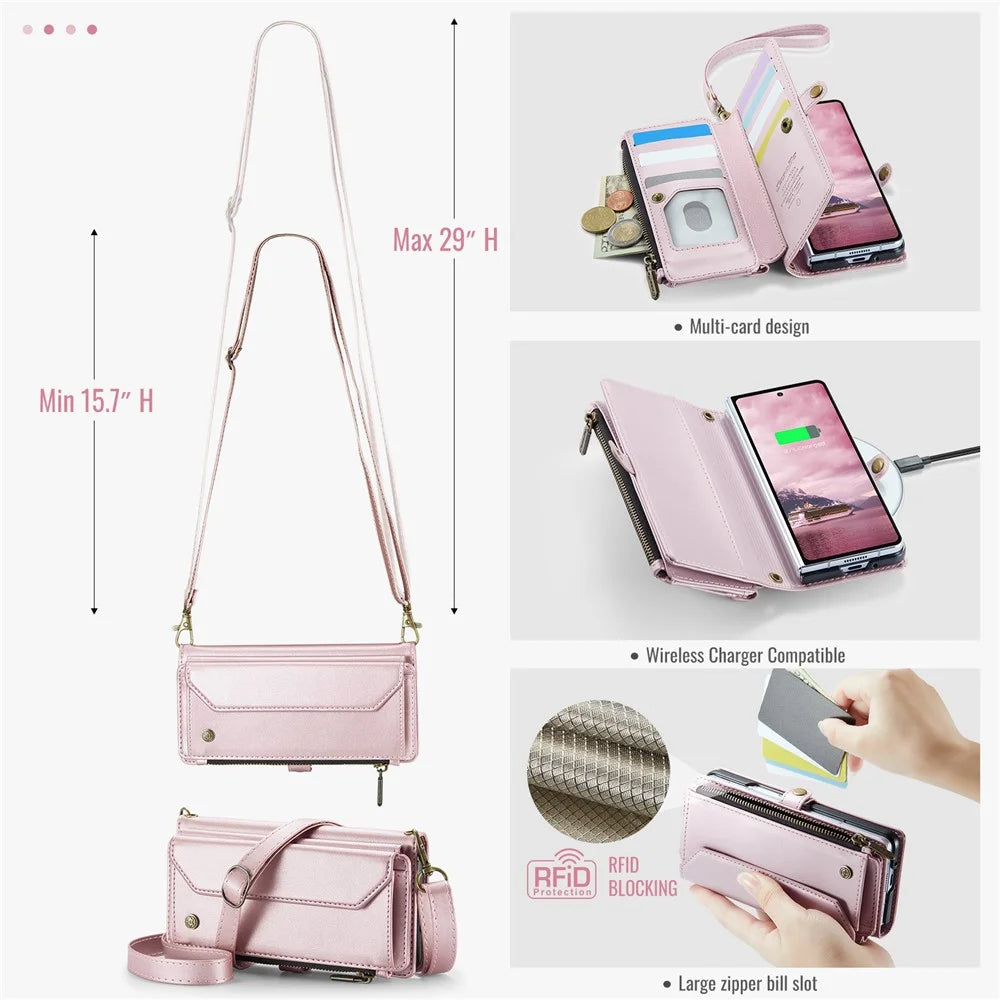 CASEME For Samsung Galaxy Z Fold7 5G Leather Case  C36 Zipper 10 Card Slots Phone Cover with Straps - Pink - 6
