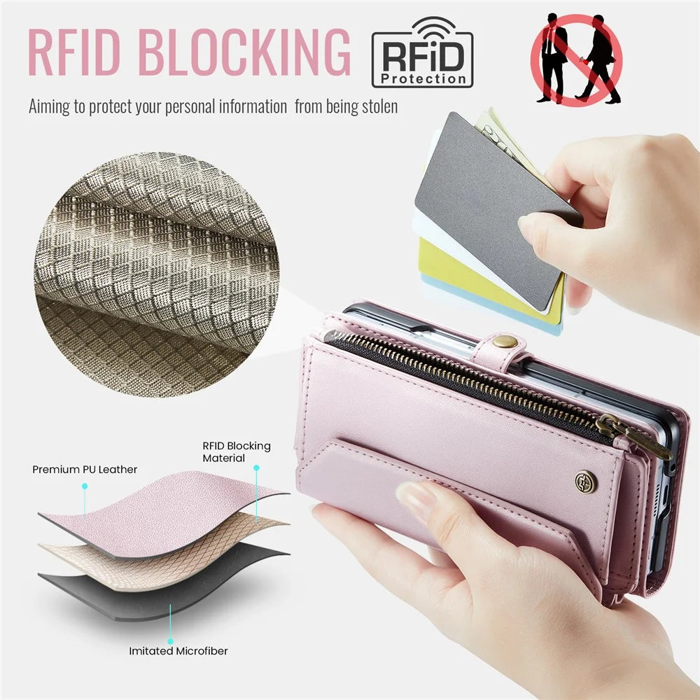 CASEME For Samsung Galaxy Z Fold7 5G Leather Case  C36 Zipper 10 Card Slots Phone Cover with Straps - Pink - 7