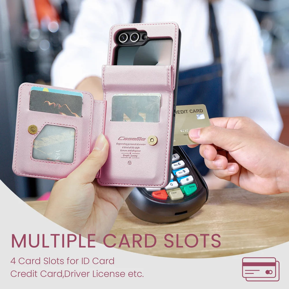 CASEME For Samsung Galaxy Z Flip7 FE 5G Case with RFID Blocking 5 Card Slots  C22 Leather Back Cover - Pink - 6