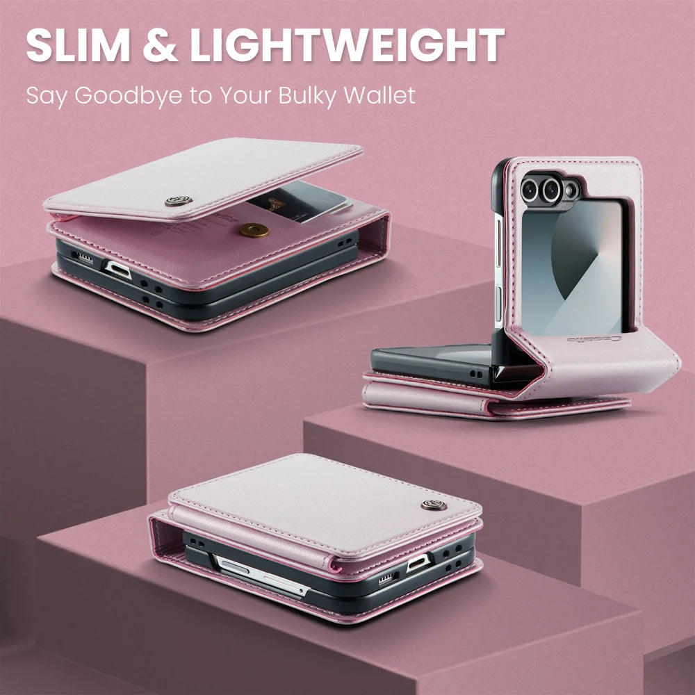 CASEME For Samsung Galaxy Z Flip7 FE 5G Case with RFID Blocking 5 Card Slots  C22 Leather Back Cover - Pink - 7