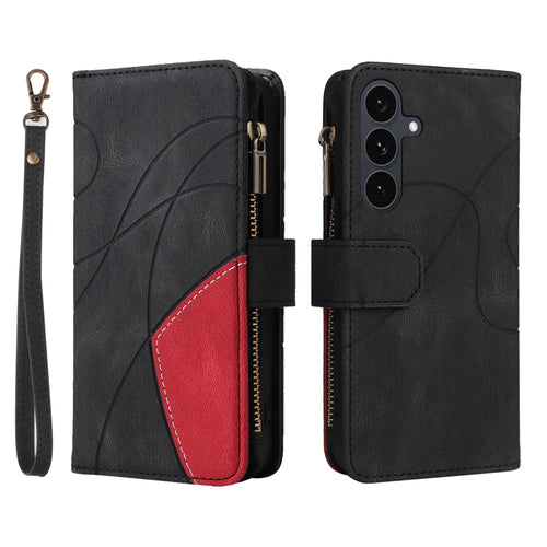 For Samsung Galaxy S25 FE Leather Case with Strap Zipper 9 Card Slot Phone Cover Stand - Black - 1