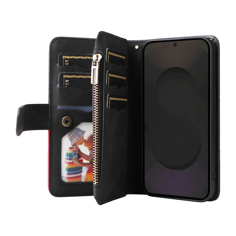 For Samsung Galaxy S25 FE Leather Case with Strap Zipper 9 Card Slot Phone Cover Stand - Black - 2