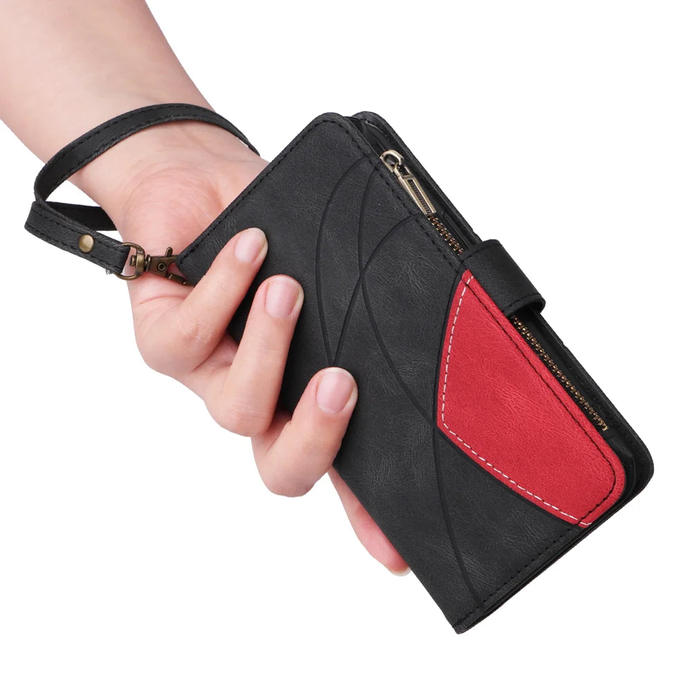 For Samsung Galaxy S25 FE Leather Case with Strap Zipper 9 Card Slot Phone Cover Stand - Black - 5